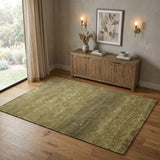 4' X 6' Green Tan And Yellow Wool Floral Hand Knotted Area Rug