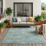 5' X 8' Teal Blue And Silver Geometric Washable Indoor Outdoor Area Rug