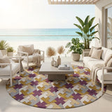8' Eggplant And Purple Round Geometric Washable Indoor Outdoor Area Rug