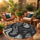 8' Black And Graphite Round Abstract Washable Indoor Outdoor Area Rug