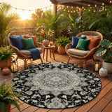 8' Black And Graphite Round Oriental Washable Indoor Outdoor Area Rug