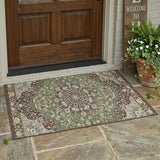 3' X 5' Olive Green And Green Oriental Washable Indoor Outdoor Area Rug