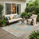 5' X 8' Teal Blue And Silver Oriental Washable Indoor Outdoor Area Rug