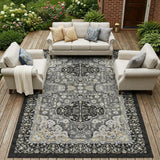 8' X 10' Black And Graphite Oriental Washable Indoor Outdoor Area Rug