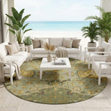 8' Olive Green And Green Round Oriental Washable Indoor Outdoor Area Rug