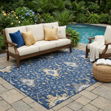 5' X 8' Navy Blue And Blue Oriental Washable Indoor Outdoor Area Rug