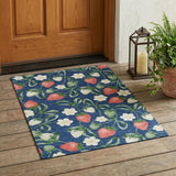 3' X 5' Navy Blue And Blue Floral Washable Indoor Outdoor Area Rug