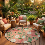 8' Salmon And Orange Round Floral Washable Indoor Outdoor Area Rug