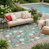 5' X 8' Teal Blue And Green Floral Washable Indoor Outdoor Area Rug