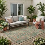 5' X 8' Green And Brown Floral Washable Indoor Outdoor Area Rug