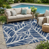 5' X 8' Navy Blue And Blue Floral Washable Indoor Outdoor Area Rug