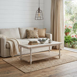 42" White Solid Wood and Rattan Distressed Coffee Table