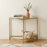 29" Clear and Gold Glass and Iron Half Circle Three Leg Console Table