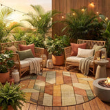 8' Copper And Orange Round Geometric Washable Indoor Outdoor Area Rug