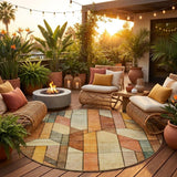 8' Orange And Copper Round Geometric Washable Indoor Outdoor Area Rug