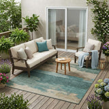 5' X 8' Teal Blue And Beige Abstract Washable Indoor Outdoor Area Rug