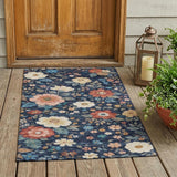 3' X 5' Navy Blue And Blue Floral Washable Indoor Outdoor Area Rug