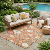 5' X 8' Orange And Beige Floral Washable Indoor Outdoor Area Rug