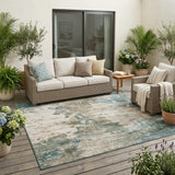 5' X 8' Teal Blue And Beige Abstract Washable Indoor Outdoor Area Rug
