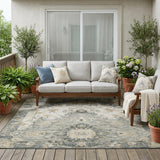 5' X 8' Green And Graphite Floral Medallion Washable Indoor Outdoor Area Rug