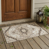 3' X 5' Beige And Brown Floral Medallion Washable Indoor Outdoor Area Rug