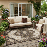 5' X 8' Brown And Chocolate Floral Medallion Washable Indoor Outdoor Area Rug