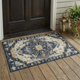 3' X 5' Navy Blue And Blue Floral Medallion Washable Indoor Outdoor Area Rug