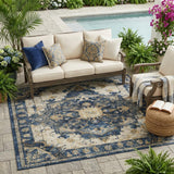 5' X 8' Navy Blue And Blue Floral Medallion Washable Indoor Outdoor Area Rug