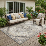 5' X 8' Silver And Gray Floral Medallion Washable Indoor Outdoor Area Rug