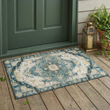 3' X 5' Teal Blue And Graphite Floral Medallion Washable Indoor Outdoor Area Rug