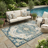 5' X 8' Teal Blue And Graphite Floral Medallion Washable Indoor Outdoor Area Rug