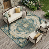 8' X 10' Teal Blue And Graphite Floral Medallion Washable Indoor Outdoor Area Rug