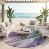 8' Teal Blue And Lavender Round Abstract Washable Indoor Outdoor Area Rug
