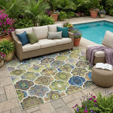 5' X 8' Green And Blue Ogee Washable Indoor Outdoor Area Rug