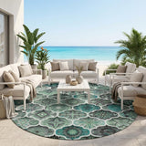 8' Blue And Teal Blue Round Ogee Washable Indoor Outdoor Area Rug