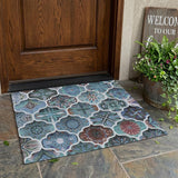 3' X 5' Teal Blue And Graphite Ogee Washable Indoor Outdoor Area Rug