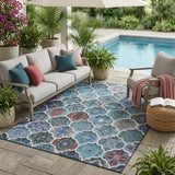 5' X 8' Teal Blue And Graphite Ogee Washable Indoor Outdoor Area Rug