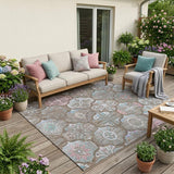 5' X 8' Brown And Silver Ogee Washable Indoor Outdoor Area Rug