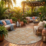 8' Orange And Beige Round Ogee Washable Indoor Outdoor Area Rug