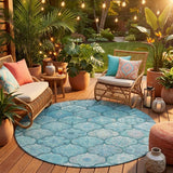 8' Teal Blue And Aqua Round Ogee Washable Indoor Outdoor Area Rug