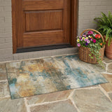 3' X 5' Teal Blue And Beige Abstract Washable Indoor Outdoor Area Rug