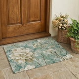 3' X 5' Green And Beige Floral Washable Indoor Outdoor Area Rug