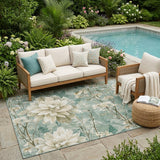 5' X 8' Green And Beige Floral Washable Indoor Outdoor Area Rug
