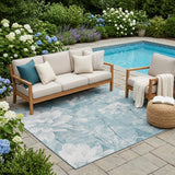 5' X 8' Aqua And Teal Blue Floral Washable Indoor Outdoor Area Rug