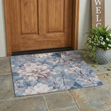3' X 5' Blue And Silver Floral Washable Indoor Outdoor Area Rug