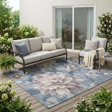 5' X 8' Blue And Silver Floral Washable Indoor Outdoor Area Rug