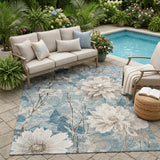 5' X 8' Teal Blue And Silver Floral Washable Indoor Outdoor Area Rug