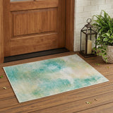 3' X 5' Aqua And Teal Blue Abstract Washable Indoor Outdoor Area Rug
