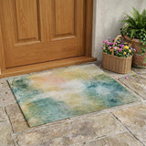 3' X 5' Teal Blue And Peach Abstract Washable Indoor Outdoor Area Rug