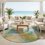 8' Teal Blue And Peach Round Abstract Washable Indoor Outdoor Area Rug